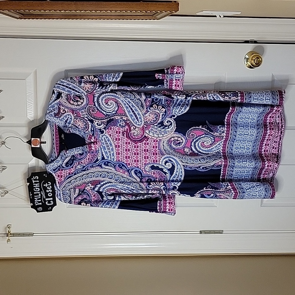 New Directions Dress Petite Medium Navy Pink White Paisley Floral